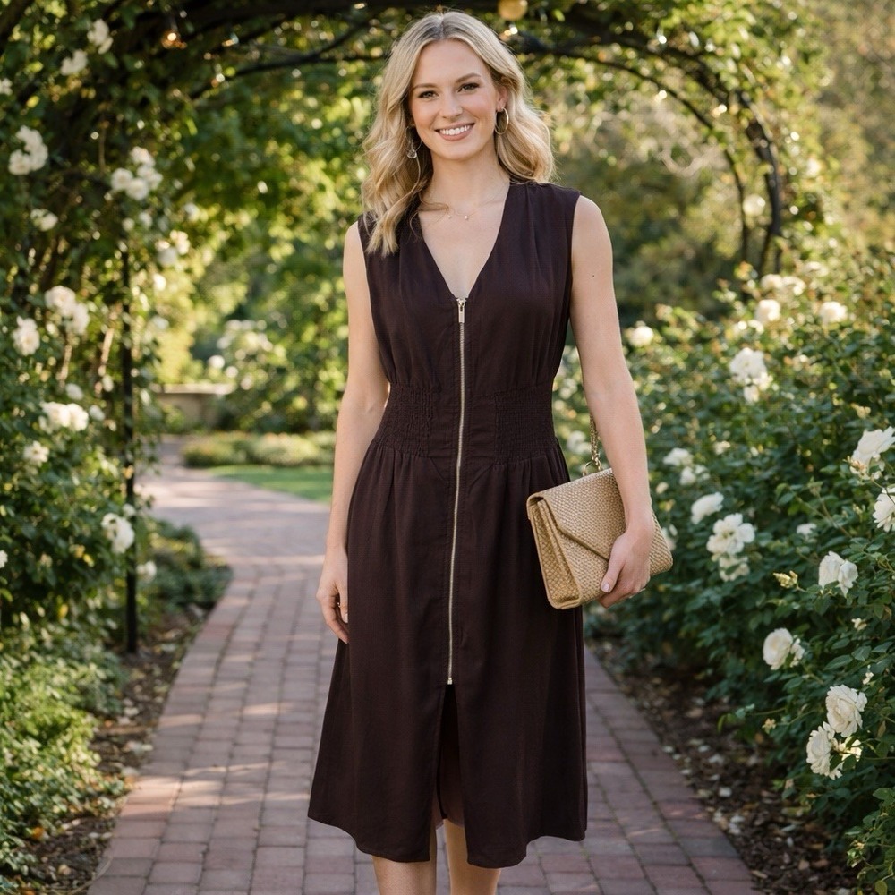 Joie Linen Blend Chocolate Brown‎ Zip-Front Midi Dress Quiet Luxury Old Money M